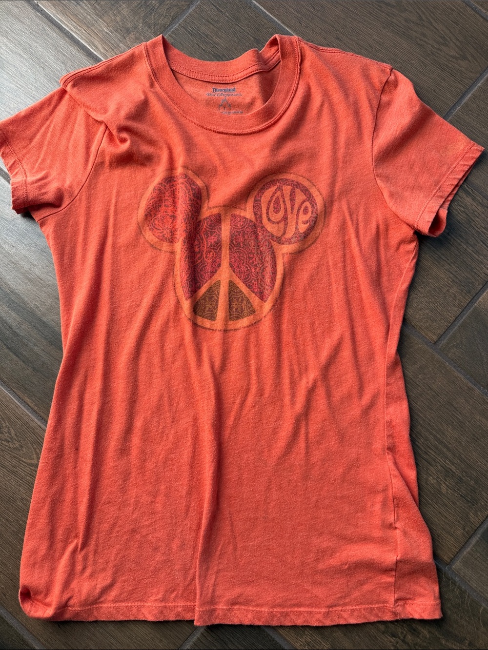 Vintage Disney Heather Orange Graphic Peace Love Tee - Mickey Mouse